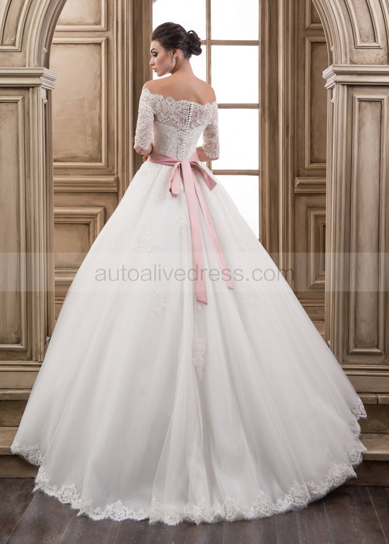 Aline Off Shoulder Elbow Sleeves Buttons Back With Pink Beaded Sash